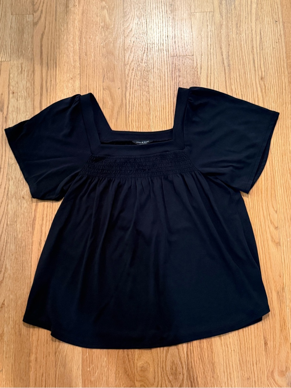 Lucky Brand Black Square-Neck Smocked Blouse Sz XS